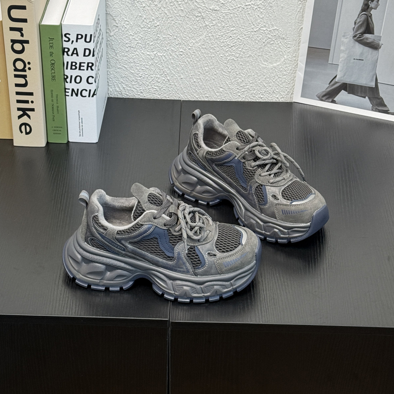 Ženske tenisice dad shoes s debelim potplatom, boja-blok dizajn, gornji dio od kože i tekstila, vezivanje šnurkama, gumeni potplat