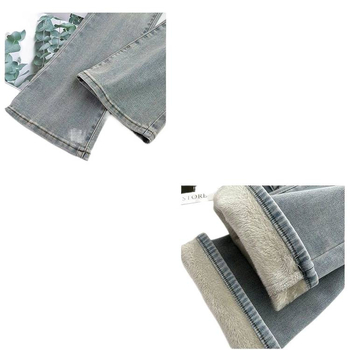 Ženske traperice od denima s fleece podstavom, visokim strukom, debele, zvonasti kroj, do poda
