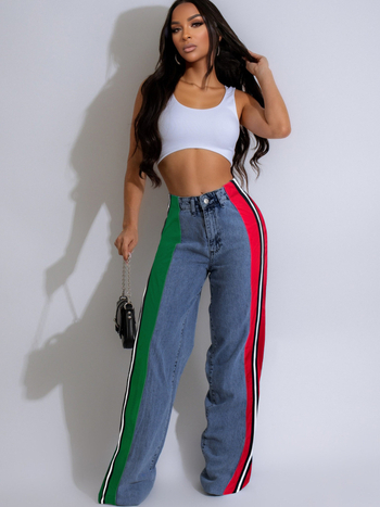 Γυναικείοι τζίν παντελόνες με πάνελ patchwork και αντίθεση με ρίγες, υψηλή μέση, ίσιο κόψιμο, ελαστικότητα