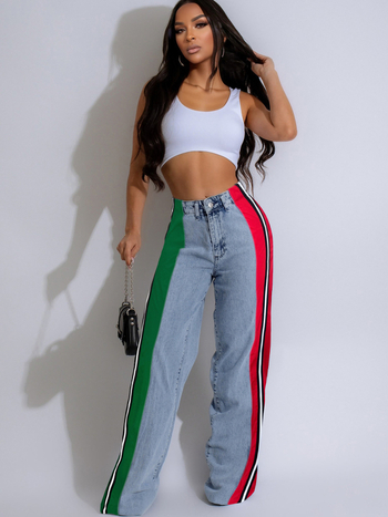 Γυναικείοι τζίν παντελόνες με πάνελ patchwork και αντίθεση με ρίγες, υψηλή μέση, ίσιο κόψιμο, ελαστικότητα