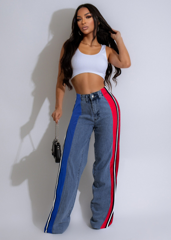 Γυναικείοι τζίν παντελόνες με πάνελ patchwork και αντίθεση με ρίγες, υψηλή μέση, ίσιο κόψιμο, ελαστικότητα