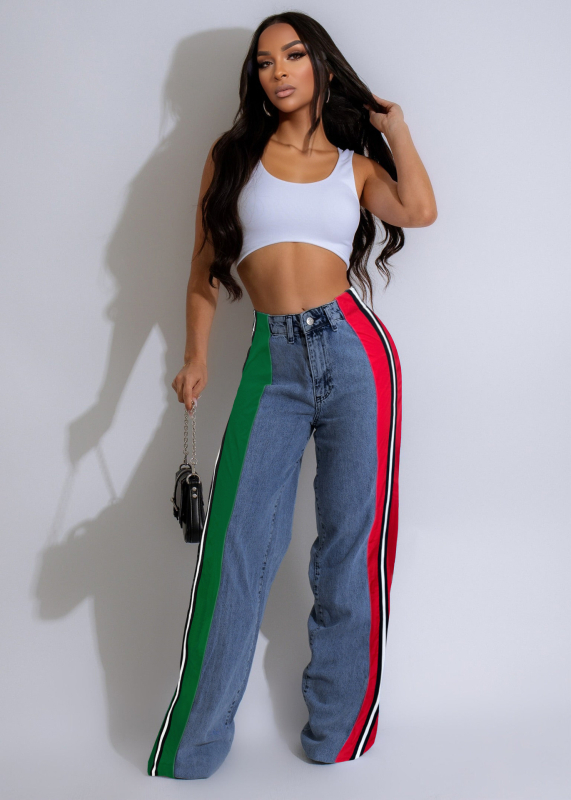 Γυναικείοι τζίν παντελόνες με πάνελ patchwork και αντίθεση με ρίγες, υψηλή μέση, ίσιο κόψιμο, ελαστικότητα