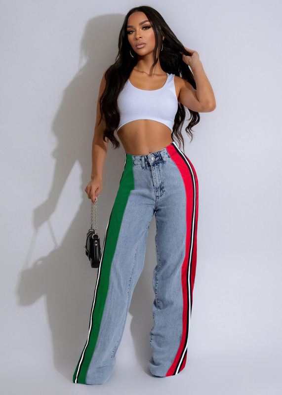 Γυναικείοι τζίν παντελόνες με πάνελ patchwork και αντίθεση με ρίγες, υψηλή μέση, ίσιο κόψιμο, ελαστικότητα