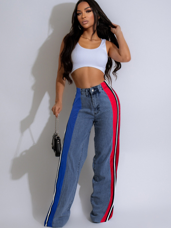 Γυναικείοι τζίν παντελόνες με πάνελ patchwork και αντίθεση με ρίγες, υψηλή μέση, ίσιο κόψιμο, ελαστικότητα