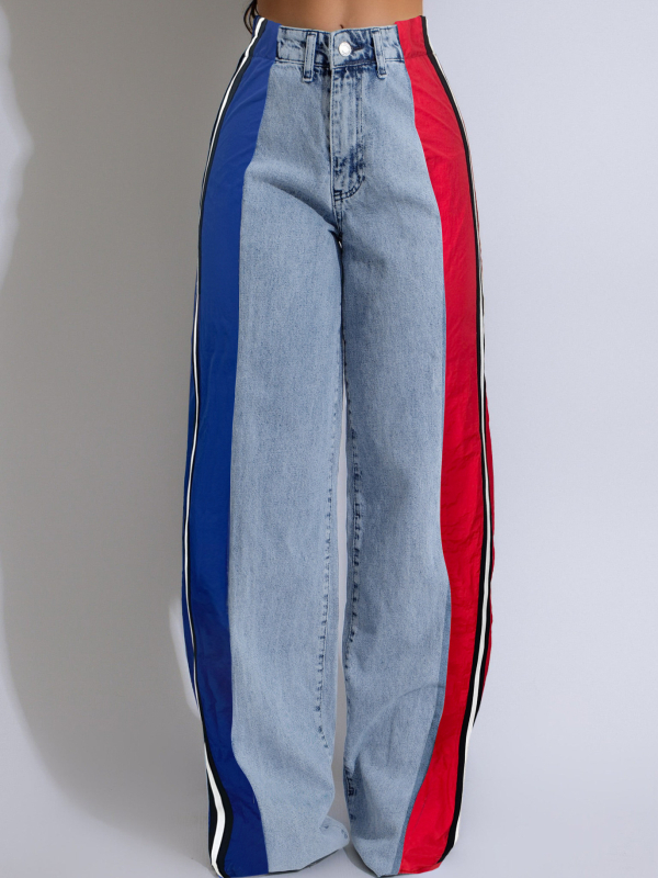 Γυναικείοι τζίν παντελόνες με πάνελ patchwork και αντίθεση με ρίγες, υψηλή μέση, ίσιο κόψιμο, ελαστικότητα