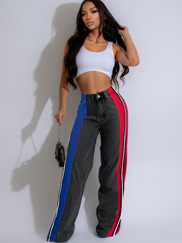 Γυναικείοι τζίν παντελόνες με πάνελ patchwork και αντίθεση με ρίγες, υψηλή μέση, ίσιο κόψιμο, ελαστικότητα
