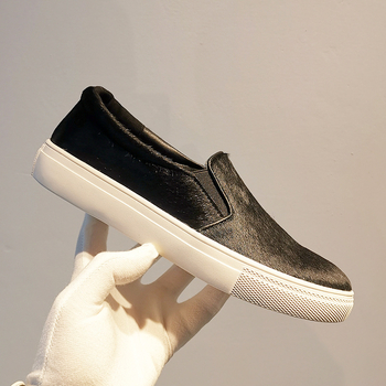 Loafers din păr de cal, slip-on, imprimeu leopard, vârf rotund, talpă din cauciuc, branț PU