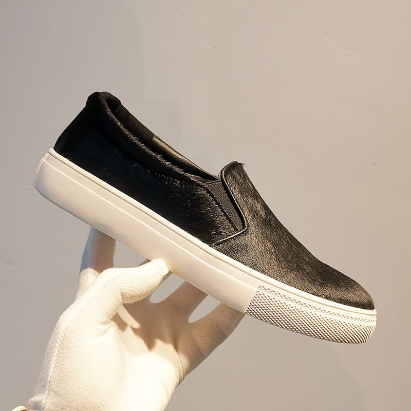 Loafers din păr de cal, slip-on, imprimeu leopard, vârf rotund, talpă din cauciuc, branț PU