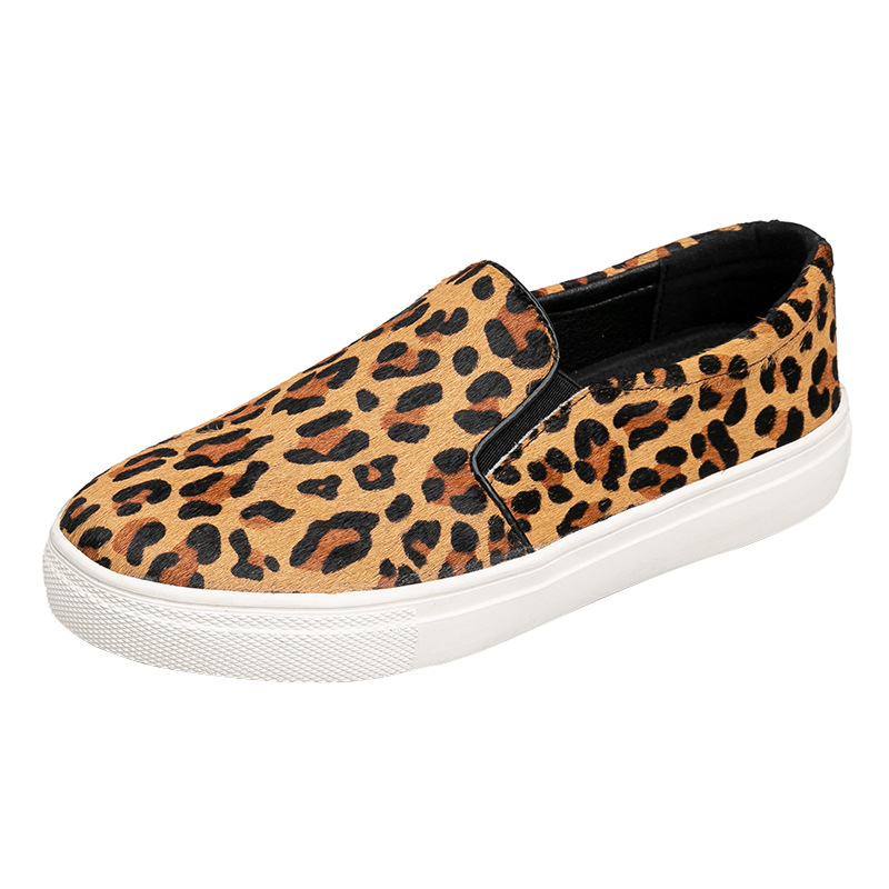 Loafers din păr de cal, slip-on, imprimeu leopard, vârf rotund, talpă din cauciuc, branț PU