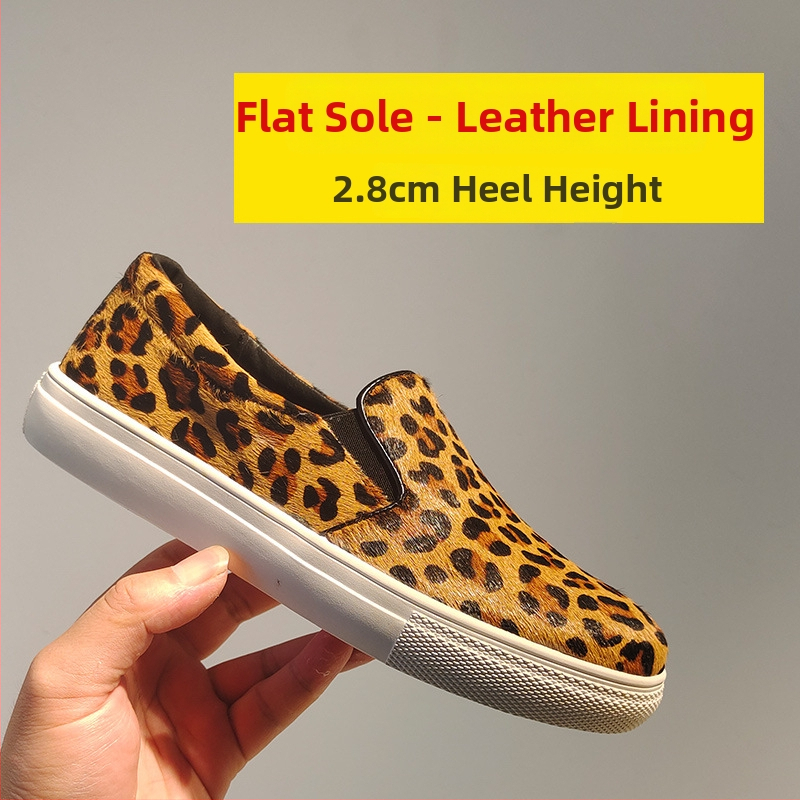 Loafers din păr de cal, slip-on, imprimeu leopard, vârf rotund, talpă din cauciuc, branț PU