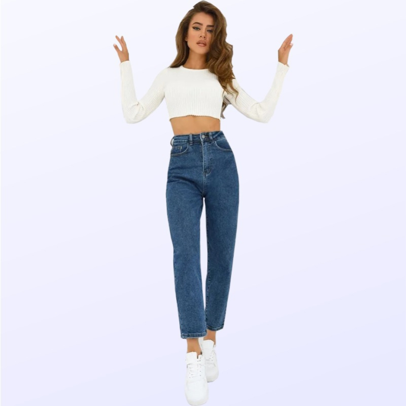 Ženske traperice, visoki pojas, ravni kroj, denim, 80–90% poliester, ljeto 2026