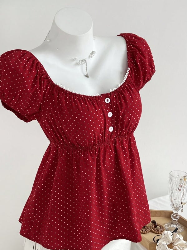 Bluza s točkicama, kvadratni ovratnik, lepršavi kratki rukavi, uski kroj