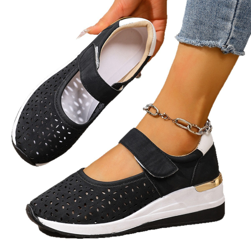 Ženske cipele s Velcro zatvaračem, klinasti potplat, prozračni gornji PU materijal, PU đon, okrugli vrh, niski gornji dio, visina potpetice 3–5 cm