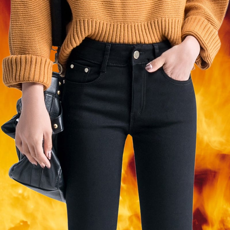 Jeansi de iarnă damă cu căptușeală fleece, denim din bumbac, croială skinny, talie medie, micro-elasticitate