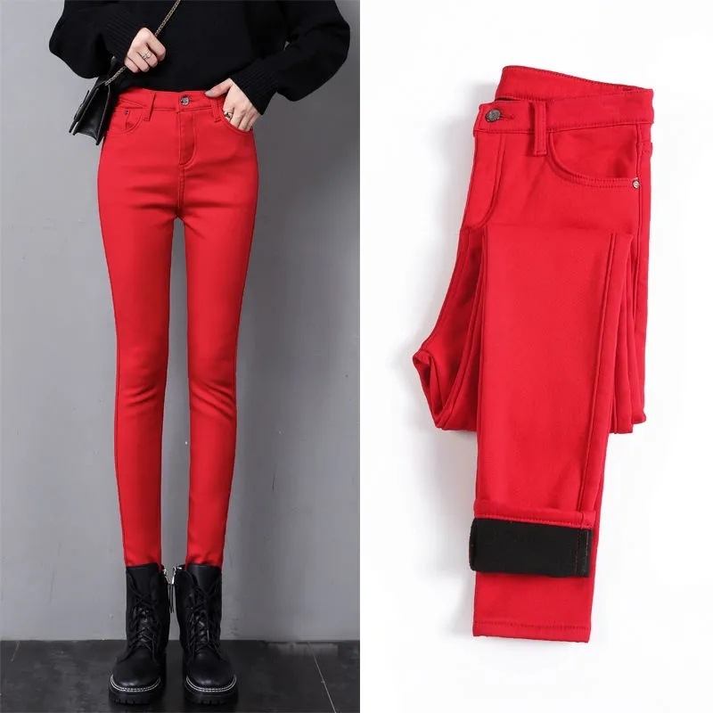 Jeansi de iarnă damă cu căptușeală fleece, denim din bumbac, croială skinny, talie medie, micro-elasticitate