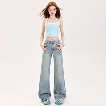 Jeans femei cu talie joasă, elastici, ușor evazați, 70% bumbac, 30% poliester, primăvara 2025