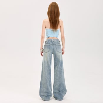 Jeans femei cu talie joasă, elastici, ușor evazați, 70% bumbac, 30% poliester, primăvara 2025