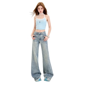 Jeans femei cu talie joasă, elastici, ușor evazați, 70% bumbac, 30% poliester, primăvara 2025