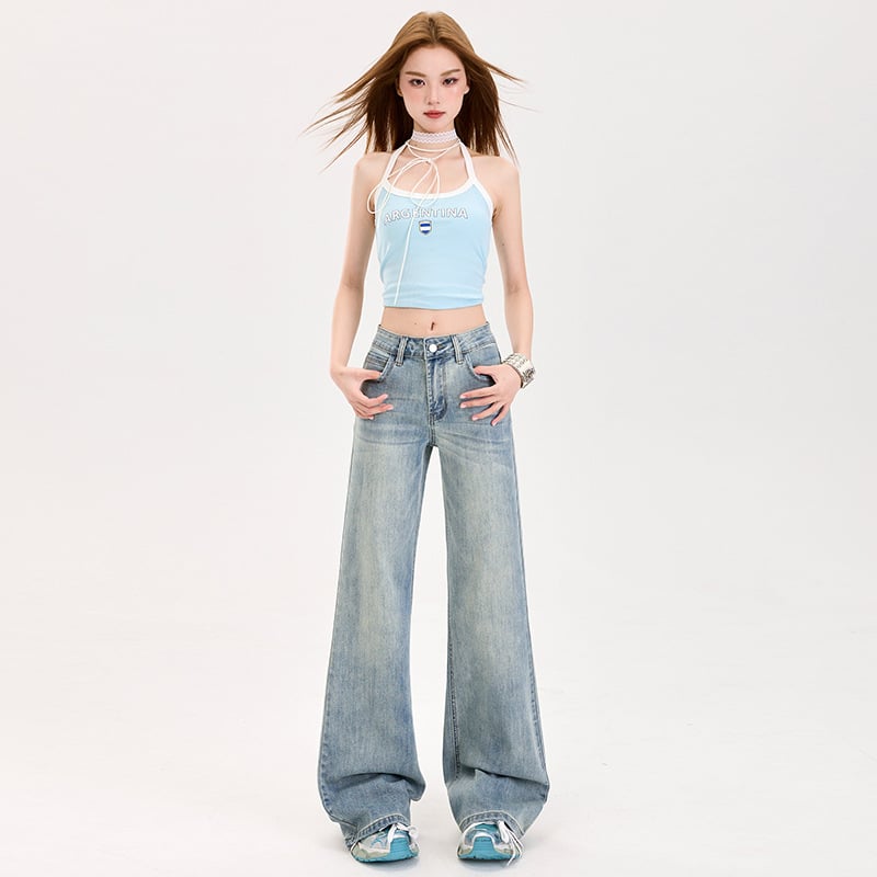 Jeans femei cu talie joasă, elastici, ușor evazați, 70% bumbac, 30% poliester, primăvara 2025