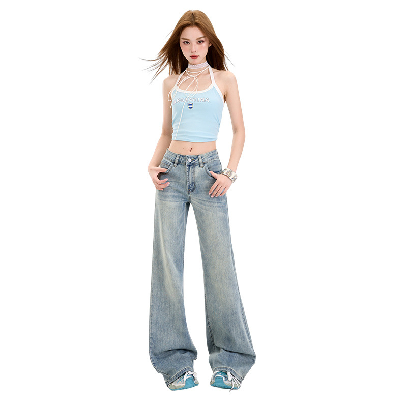 Jeans femei cu talie joasă, elastici, ușor evazați, 70% bumbac, 30% poliester, primăvara 2025
