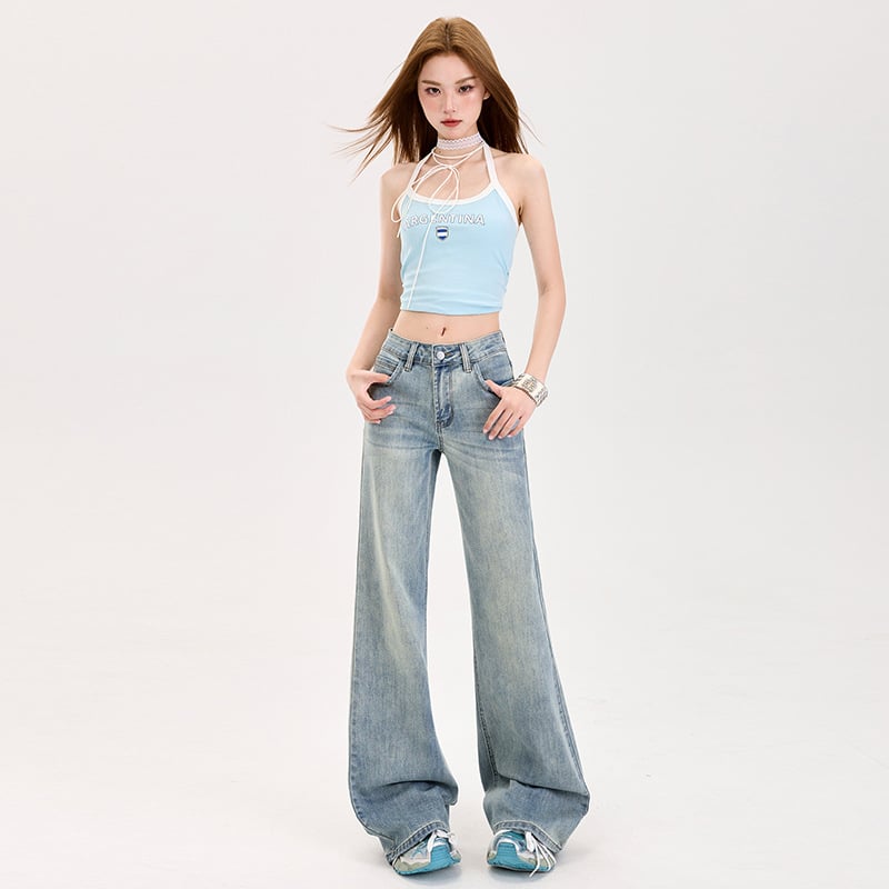 Jeans femei cu talie joasă, elastici, ușor evazați, 70% bumbac, 30% poliester, primăvara 2025