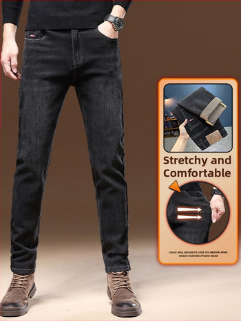 Muške traperice s fleec podrškom, slim-straight kroj, srednji porast, elastične, zatvarač na zipu