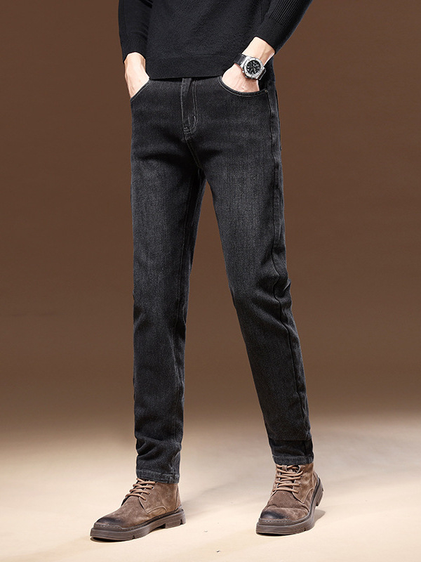 Muške traperice s fleec podrškom, slim-straight kroj, srednji porast, elastične, zatvarač na zipu