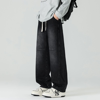 Τζιν παντελόνια patchwork, ίσια γραμμή, μεσαία μέση, φερμουάρ, πλυμένο φινίρισμα