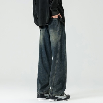 Τζιν παντελόνια patchwork, ίσια γραμμή, μεσαία μέση, φερμουάρ, πλυμένο φινίρισμα