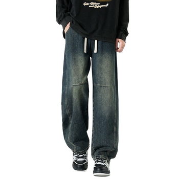 Τζιν παντελόνια patchwork, ίσια γραμμή, μεσαία μέση, φερμουάρ, πλυμένο φινίρισμα