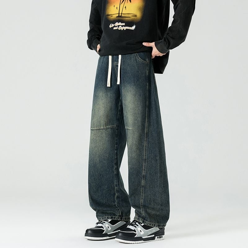 Τζιν παντελόνια patchwork, ίσια γραμμή, μεσαία μέση, φερμουάρ, πλυμένο φινίρισμα