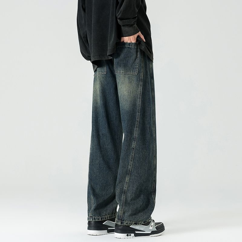 Τζιν παντελόνια patchwork, ίσια γραμμή, μεσαία μέση, φερμουάρ, πλυμένο φινίρισμα