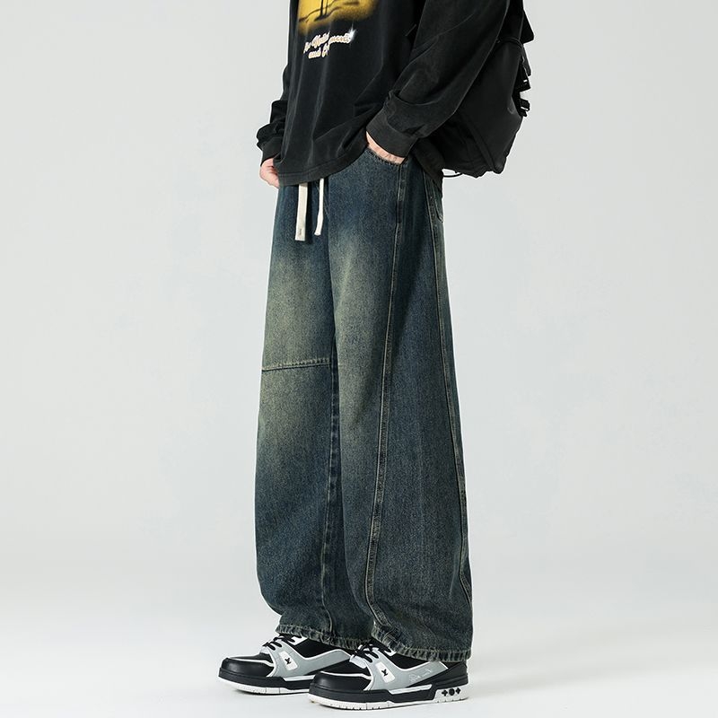 Τζιν παντελόνια patchwork, ίσια γραμμή, μεσαία μέση, φερμουάρ, πλυμένο φινίρισμα