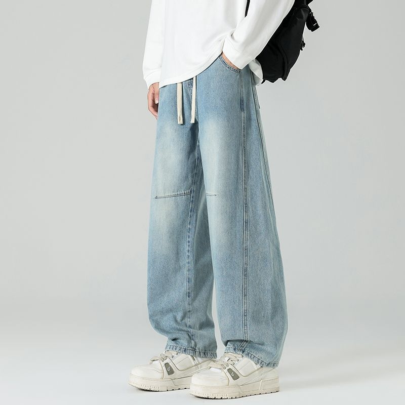 Τζιν παντελόνια patchwork, ίσια γραμμή, μεσαία μέση, φερμουάρ, πλυμένο φινίρισμα