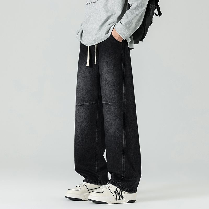 Τζιν παντελόνια patchwork, ίσια γραμμή, μεσαία μέση, φερμουάρ, πλυμένο φινίρισμα