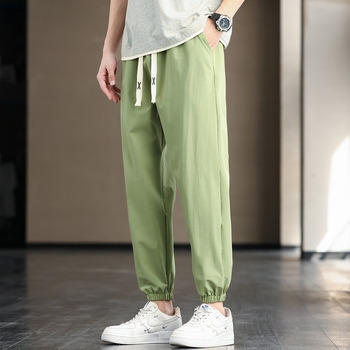Pantaloni casual pentru bărbați, croi drepți, lungime cropped, talie medie, amestec cânepă-poliester (85% poliester), unicolor