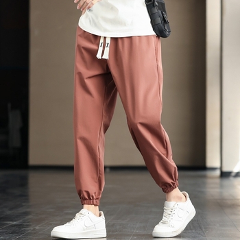 Pantaloni casual pentru bărbați, croi drepți, lungime cropped, talie medie, amestec cânepă-poliester (85% poliester), unicolor