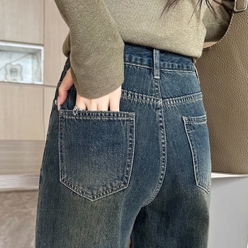 Blugi femei cu căptușeală din fleece, stil retro, talie înaltă, croială largă, denim din bumbac, toamnă-iarna