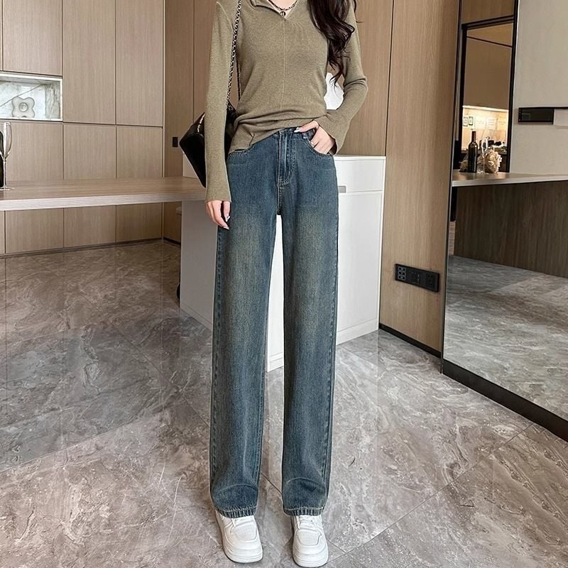 Blugi femei cu căptușeală din fleece, stil retro, talie înaltă, croială largă, denim din bumbac, toamnă-iarna