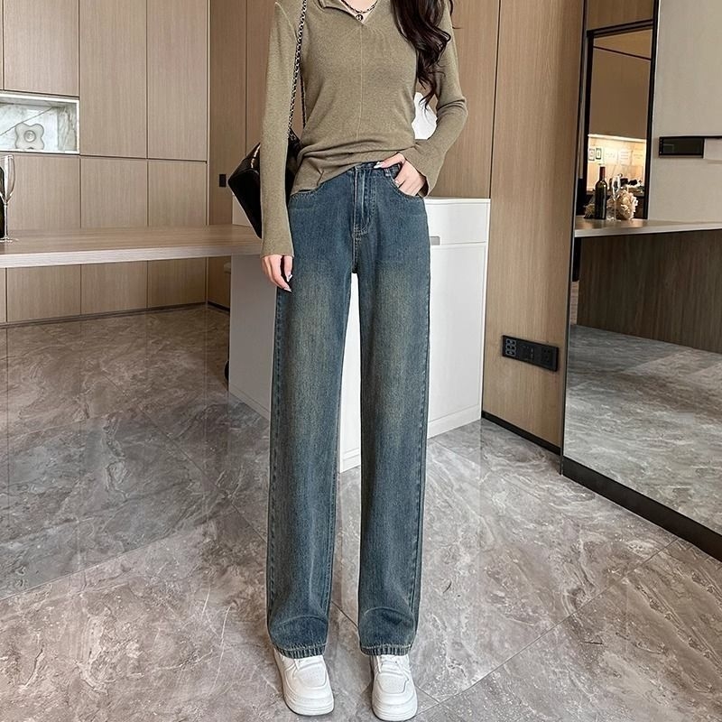 Blugi femei cu căptușeală din fleece, stil retro, talie înaltă, croială largă, denim din bumbac, toamnă-iarna