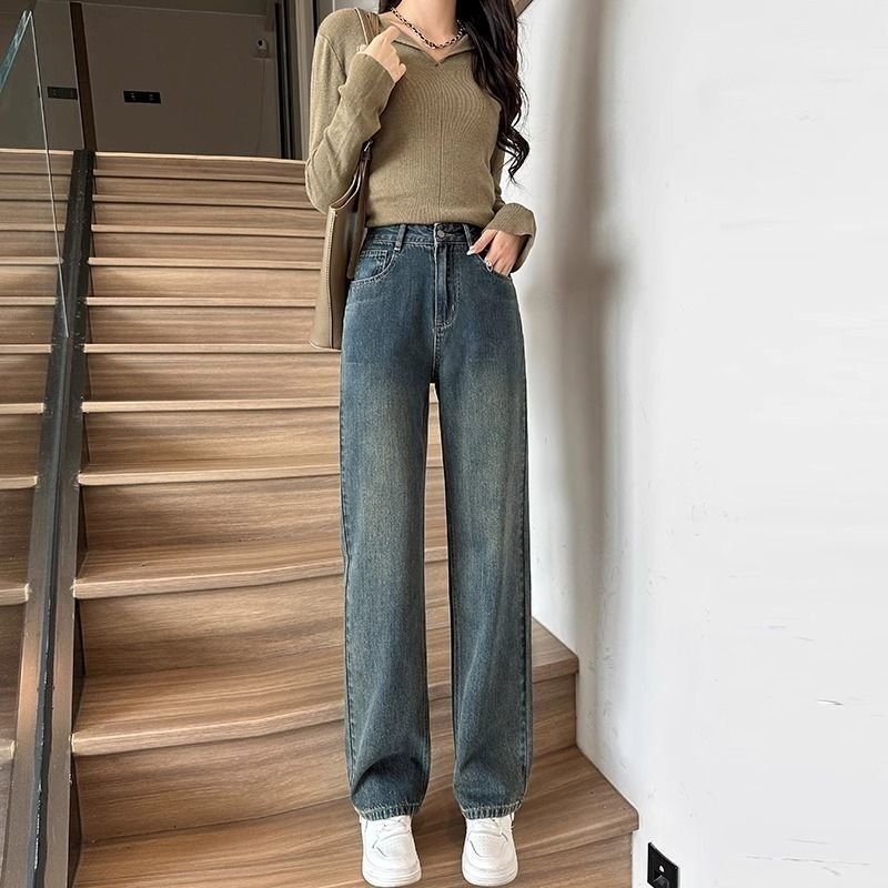 Blugi femei cu căptușeală din fleece, stil retro, talie înaltă, croială largă, denim din bumbac, toamnă-iarna
