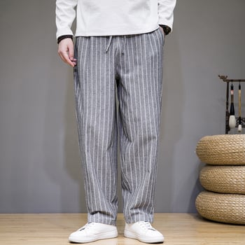 Pantaloni casual bărbați în dungă, croială lejeră, talie medie, drepti, mansete la gleznă, pentru toamnă, 65% poliester