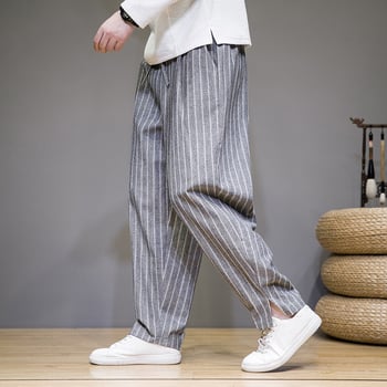 Pantaloni casual bărbați în dungă, croială lejeră, talie medie, drepti, mansete la gleznă, pentru toamnă, 65% poliester