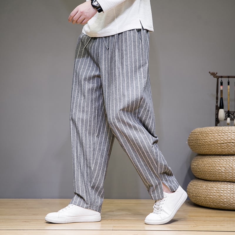 Pantaloni casual bărbați în dungă, croială lejeră, talie medie, drepti, mansete la gleznă, pentru toamnă, 65% poliester
