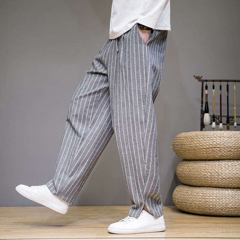 Pantaloni casual bărbați în dungă, croială lejeră, talie medie, drepti, mansete la gleznă, pentru toamnă, 65% poliester
