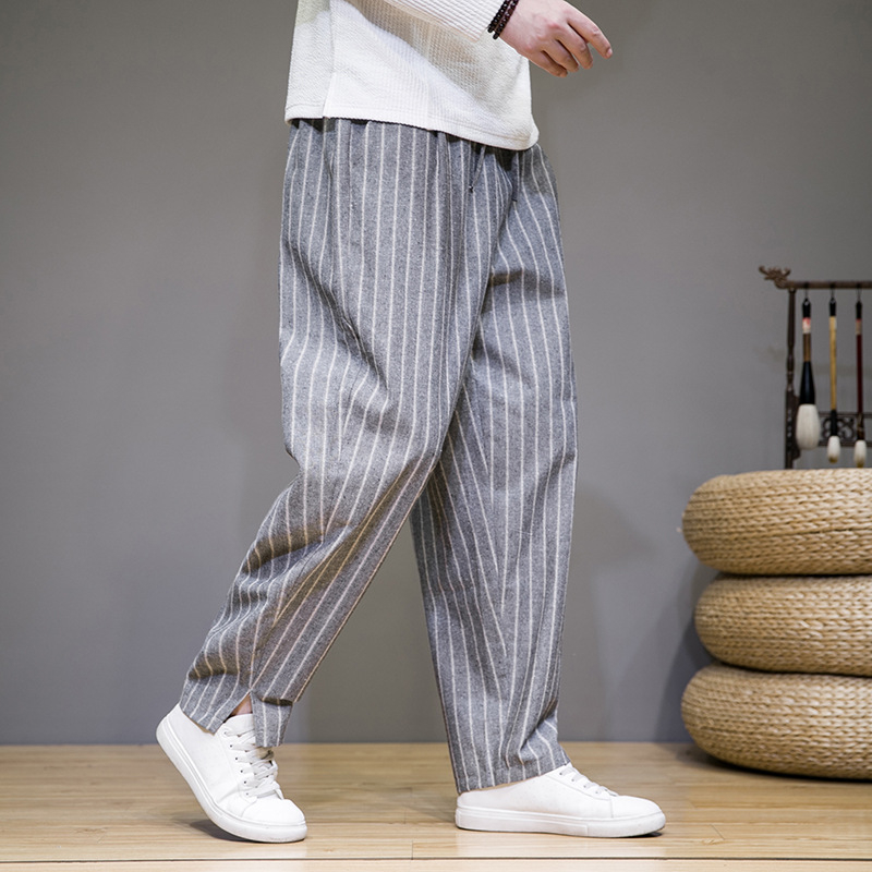 Pantaloni casual bărbați în dungă, croială lejeră, talie medie, drepti, mansete la gleznă, pentru toamnă, 65% poliester
