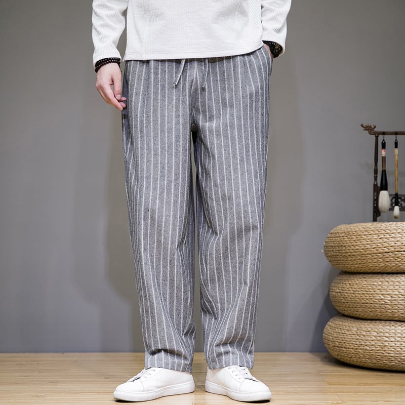Pantaloni casual bărbați în dungă, croială lejeră, talie medie, drepti, mansete la gleznă, pentru toamnă, 65% poliester