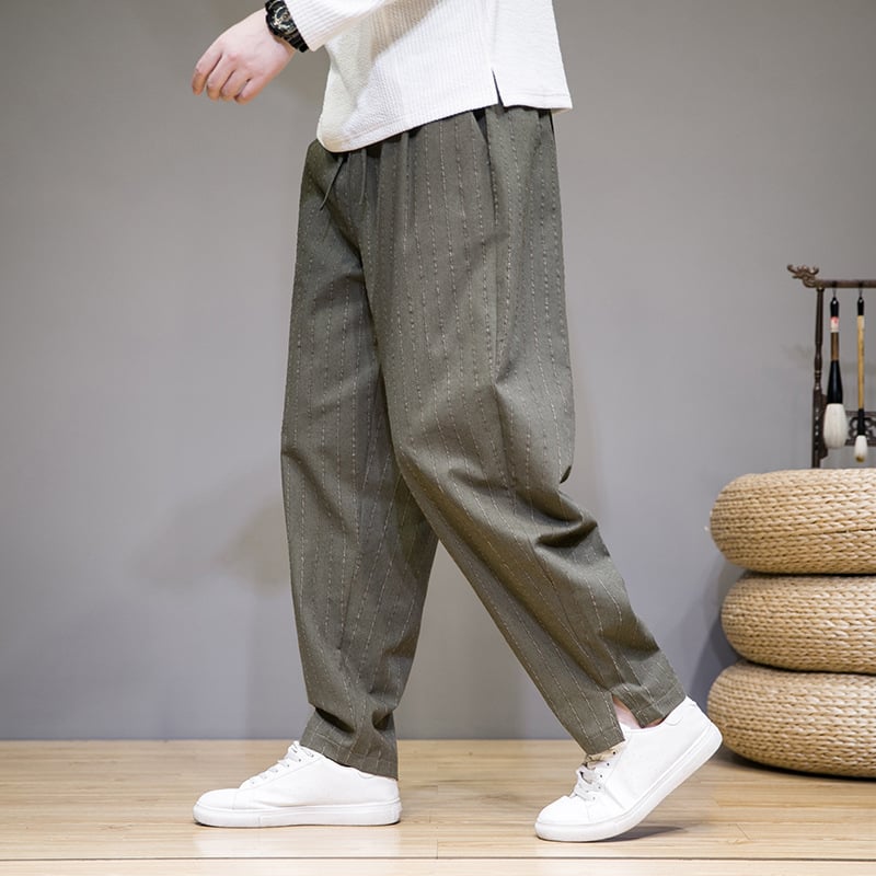 Pantaloni casual bărbați în dungă, croială lejeră, talie medie, drepti, mansete la gleznă, pentru toamnă, 65% poliester