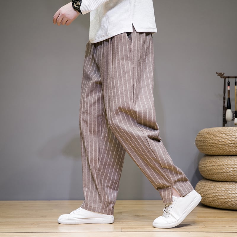Pantaloni casual bărbați în dungă, croială lejeră, talie medie, drepti, mansete la gleznă, pentru toamnă, 65% poliester