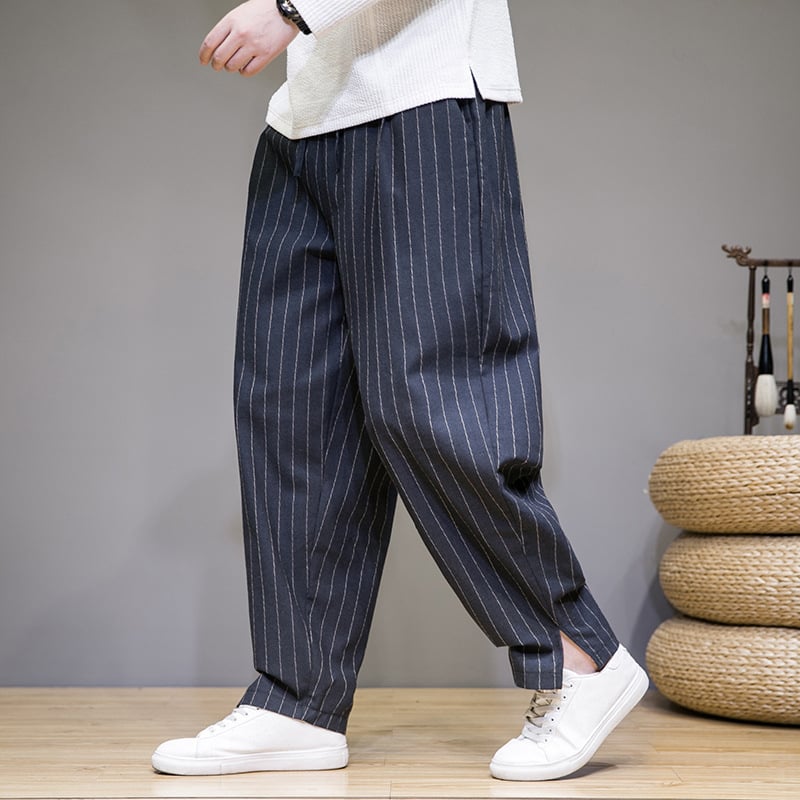 Pantaloni casual bărbați în dungă, croială lejeră, talie medie, drepti, mansete la gleznă, pentru toamnă, 65% poliester